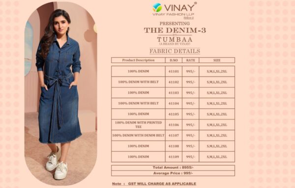 VINAY FASHION THE DENIM 3 TUMBAA 41101 TO 41109 KURTI ONLINE