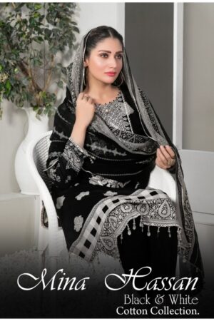 MINA HASSAN BLACK & WHITE COTTON KARACHI CATALOGE SUITS DESING