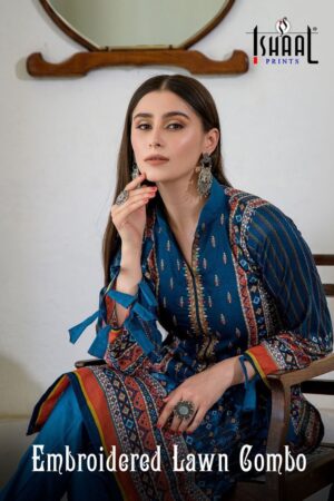 ISHAAL PRINTS EMBROIDERED LAWN COMBO KARACHI SUITS SUPPLIER