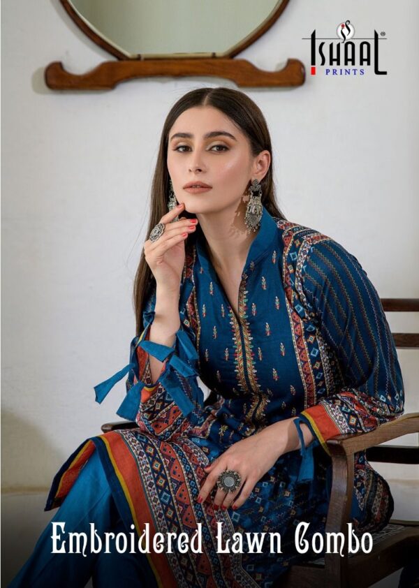 ISHAAL PRINTS EMBROIDERED LAWN COMBO KARACHI SUITS SUPPLIER