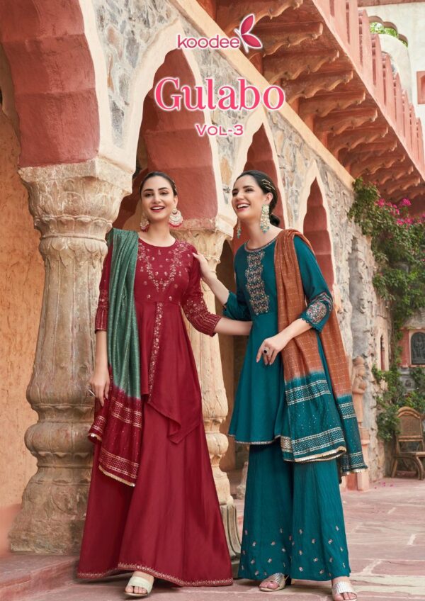 KOODEE FASHION GULABO 3 KURTI PEPLUM DUPATTA SET WHOLESALE