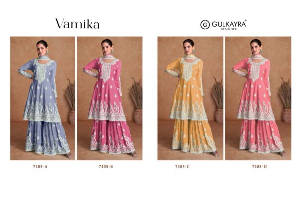 GULKAYRA DESIGNER 7405 VAMIKA REAL SILK PLAZZO SUITS CATALOGUE