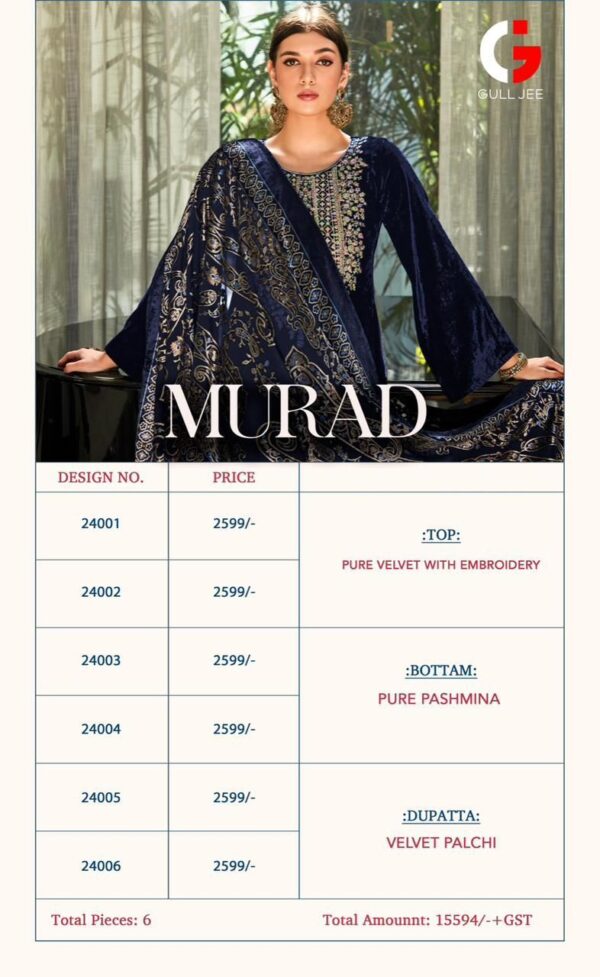 GULL JEE MURAD BY DEEPSY 24001 TO 24006 PURE VELVET SALWAR SUITS CATALOGUE