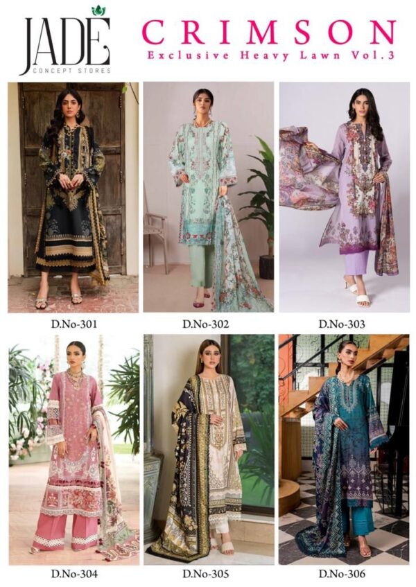 JADE CRIMSON EXCLUSIVE HEAVY LAWN COLLECTION VOL 3 PAKISTANI SUITS