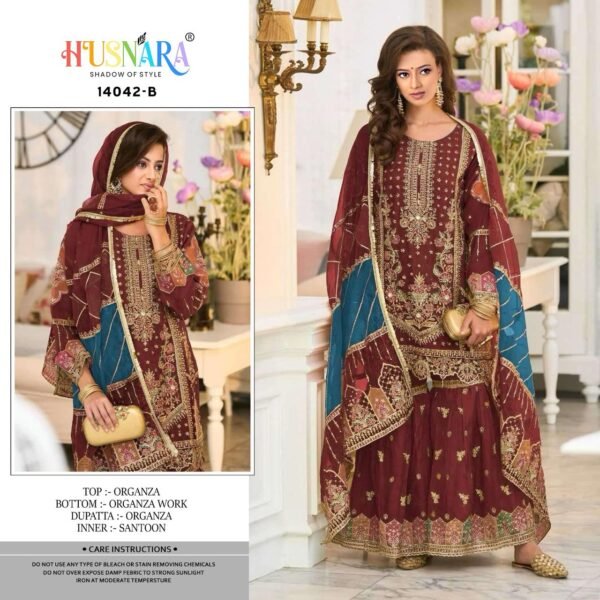 HUSNARA 14042 B ORGANZA PAKISTANI SUITS ONLINE