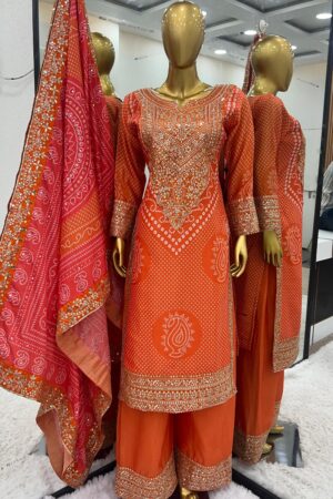 THE LIBAS ZF 386 ORANGE DIGITAL PRINTED BANDHANI SALWAR SUITS AT BEST PRICE