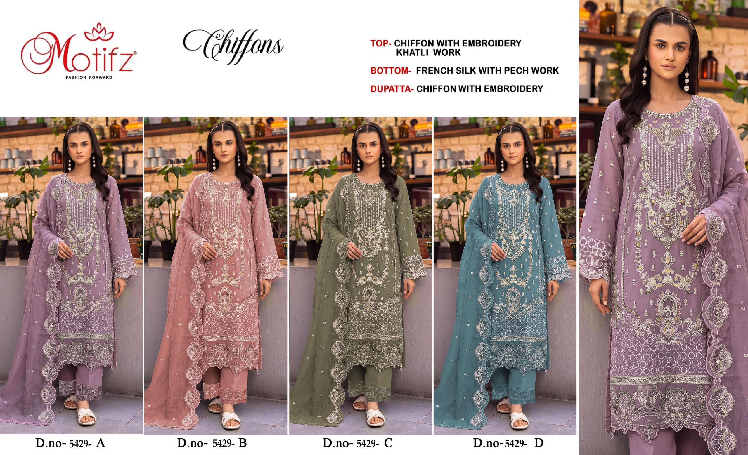 MOTIFZ FASHION 5429 A TO 5429 D CHIFFONS PAKISTANI SUITS WHOLESALER